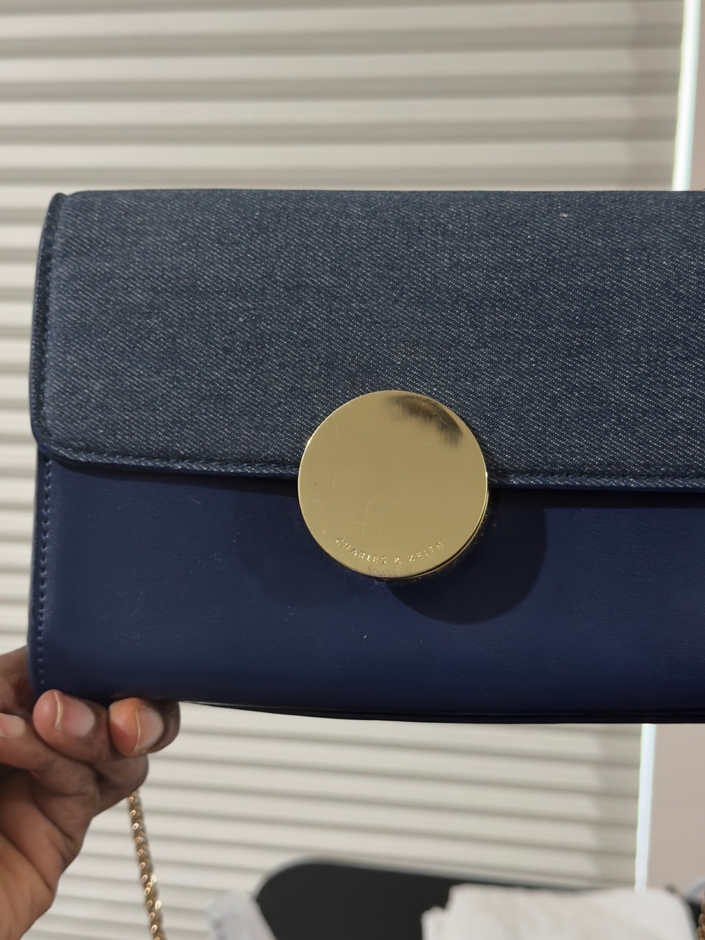 Charles & Keith Denim-Trim Navy Crossbody with Gold Hardware - Picture 8 of 17